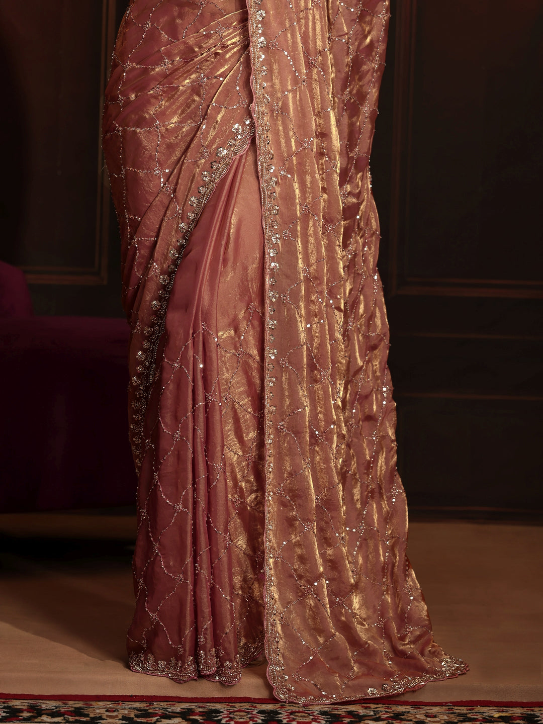 Libas Art Peach Pink Embellished Tissue Saree