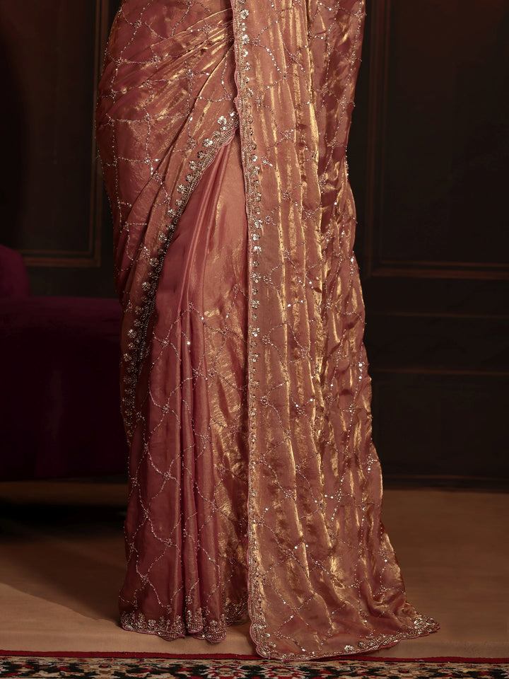 Libas Art Peach Pink Embellished Tissue Saree