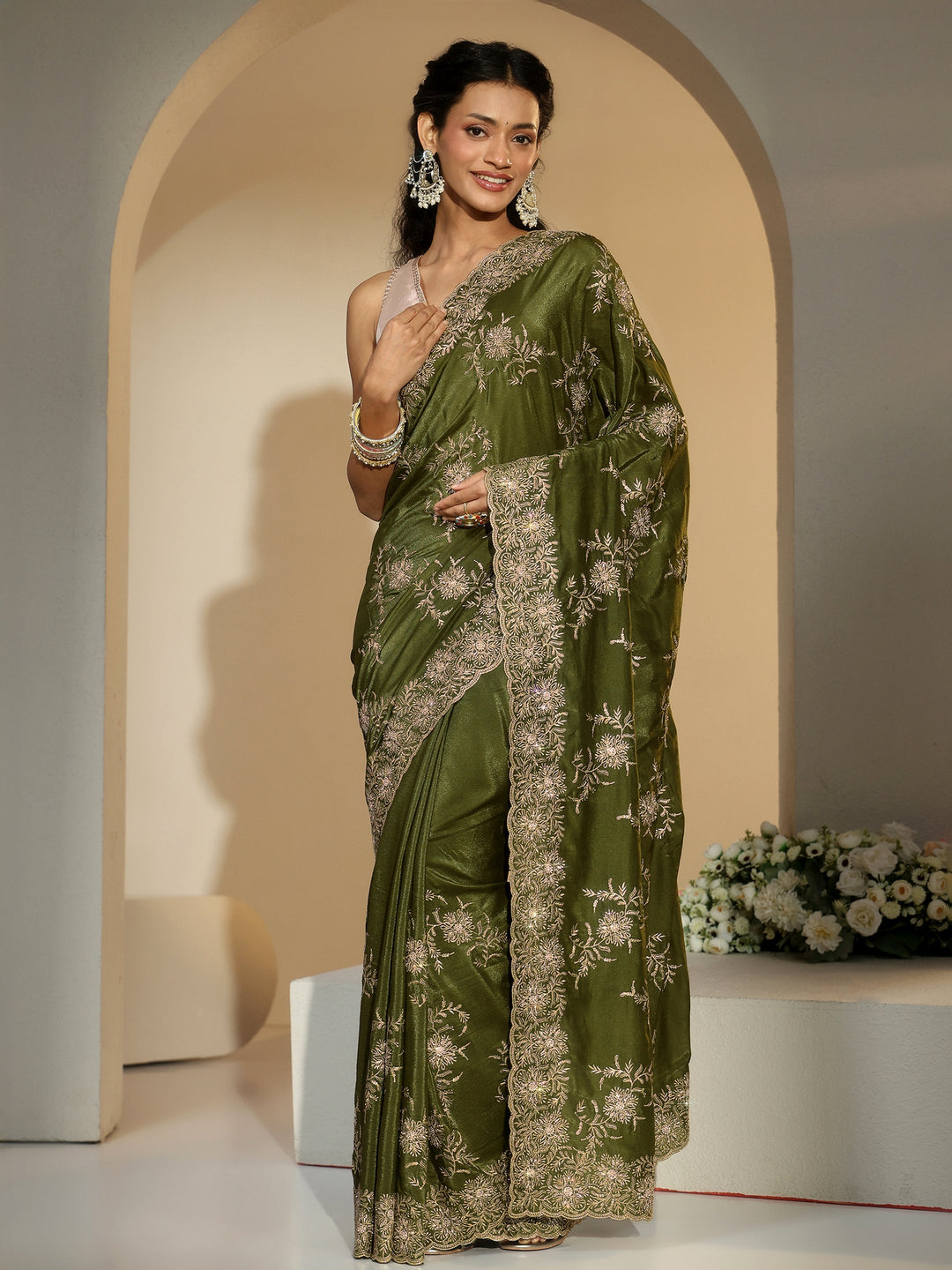 Libas Olive Geen Floral Embroidered Satin Saree
