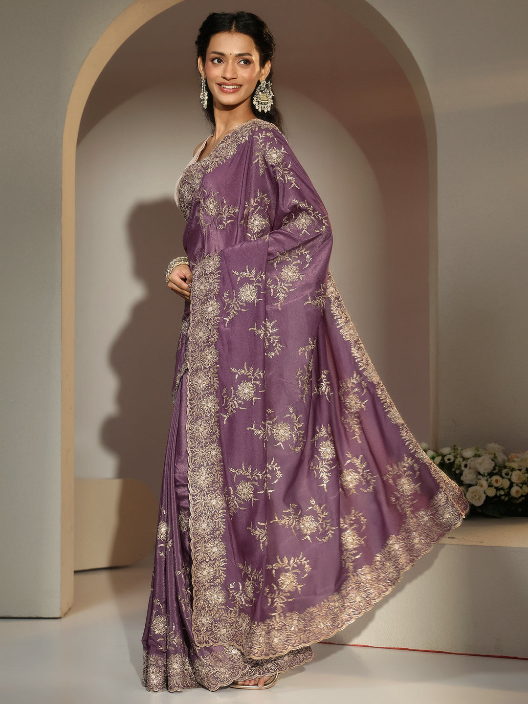 Libas Lavender Floral Embroidered Satin Saree