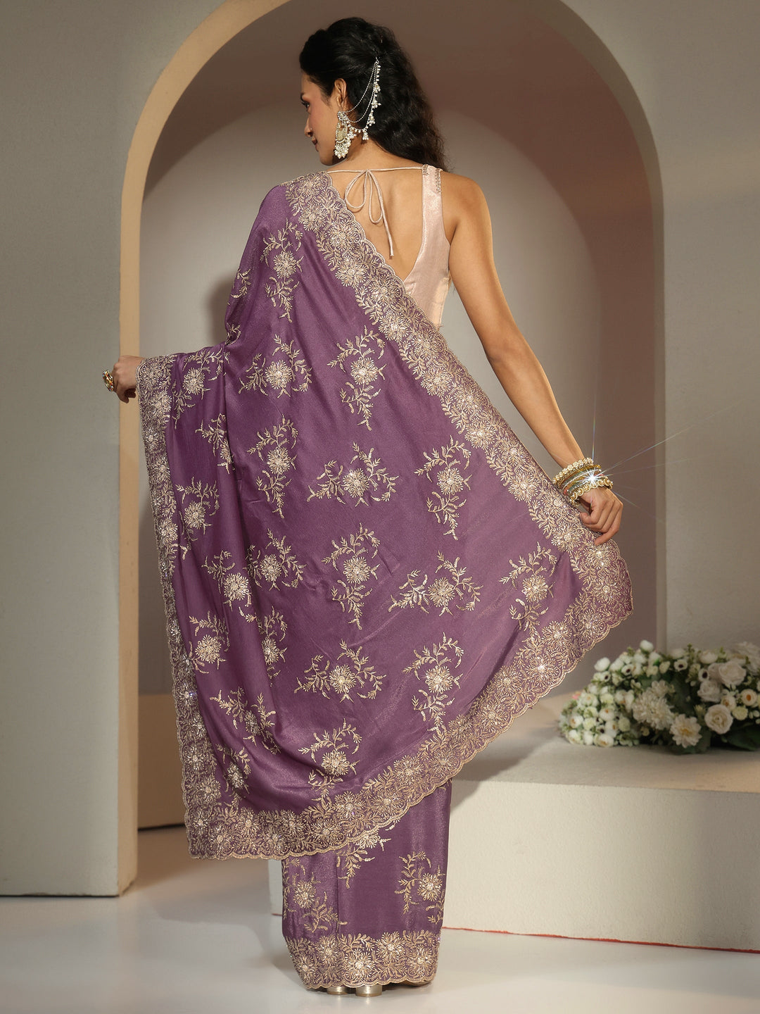 Libas Lavender Floral Embroidered Satin Saree
