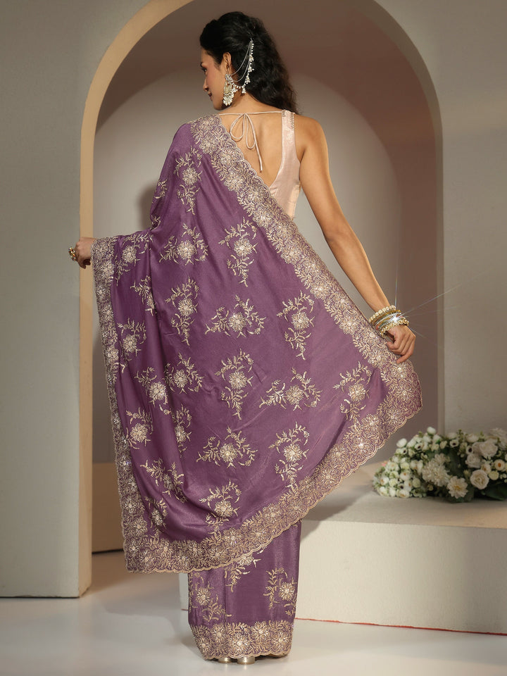 Libas Lavender Floral Embroidered Satin Saree