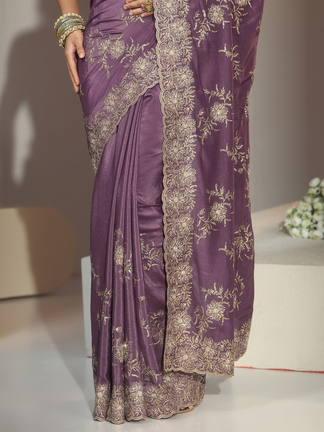 Libas Lavender Floral Embroidered Satin Saree