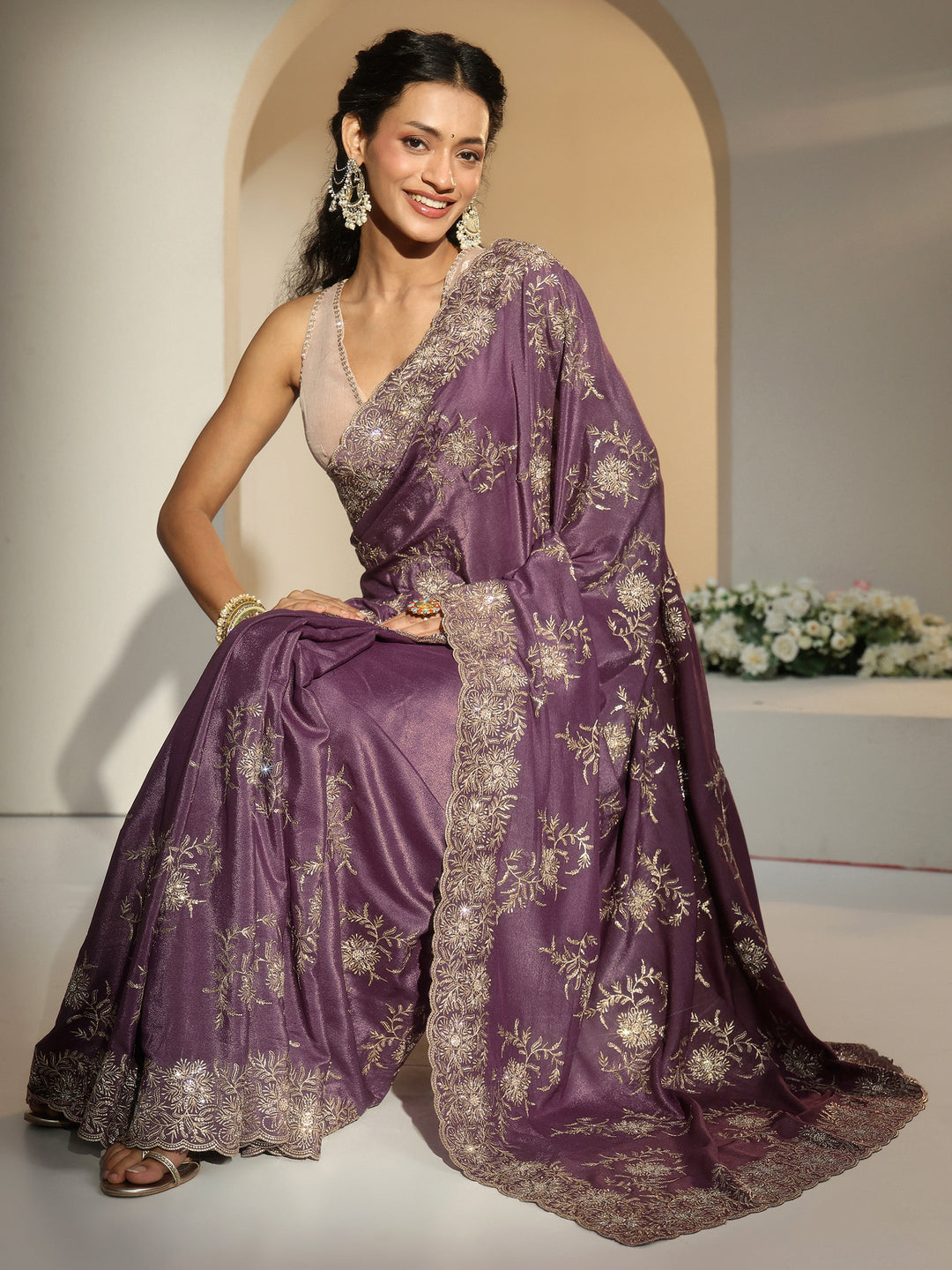 Libas Lavender Floral Embroidered Satin Saree