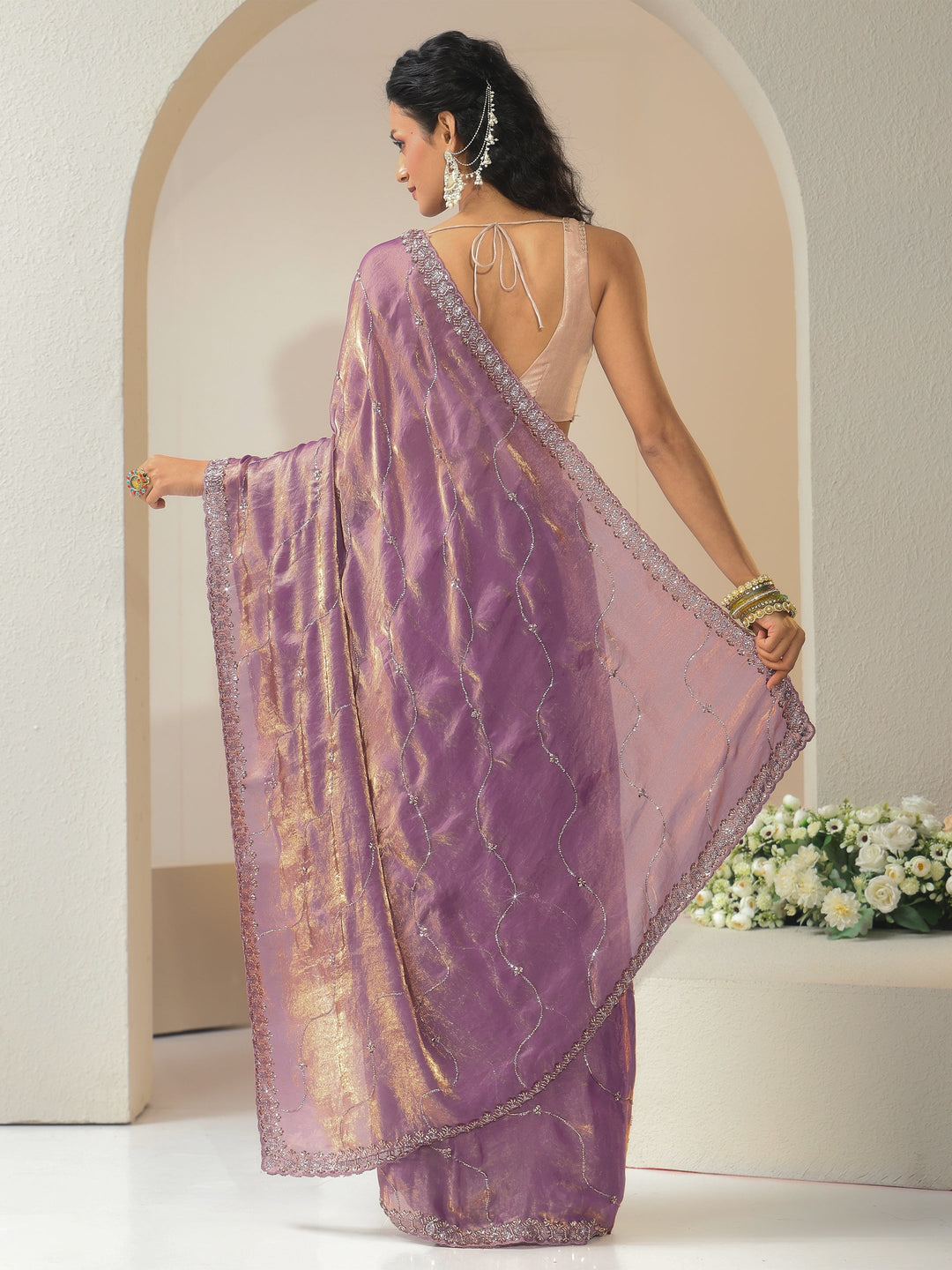 Libas Lavender Embellished Tissue Saree
