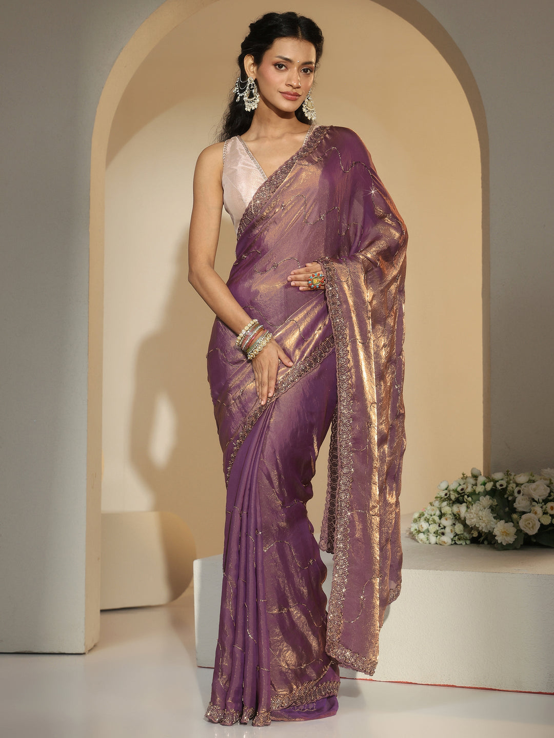 Libas Lavender Embellished Tissue Saree