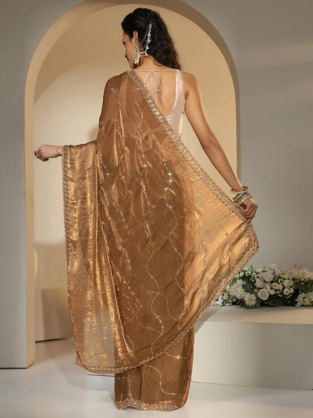 Libas Brown Embellished Tissue Saree