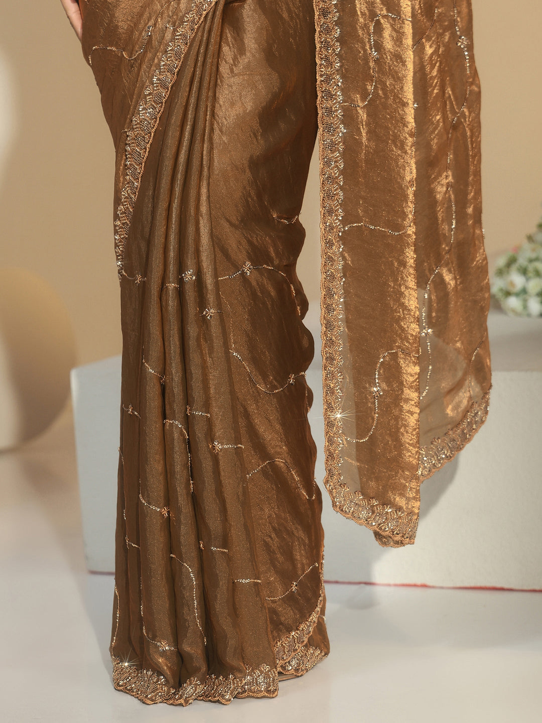 Libas Brown Embellished Tissue Saree