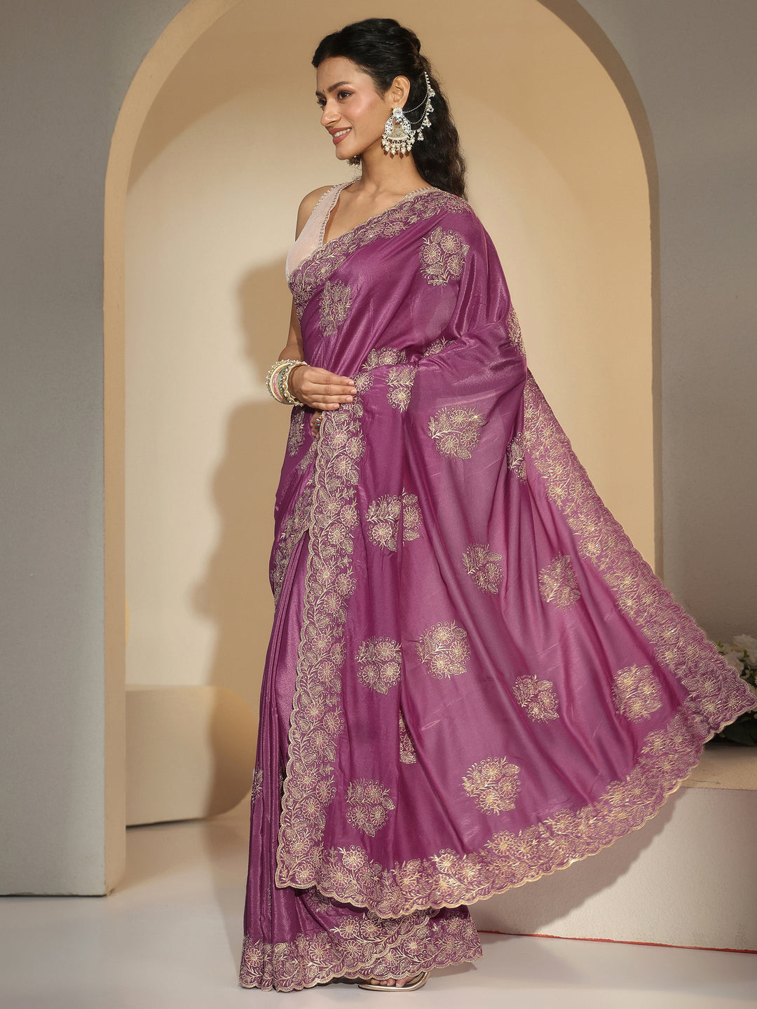 Libas Dusty Rose Pink Floral Embroidered Satin Saree