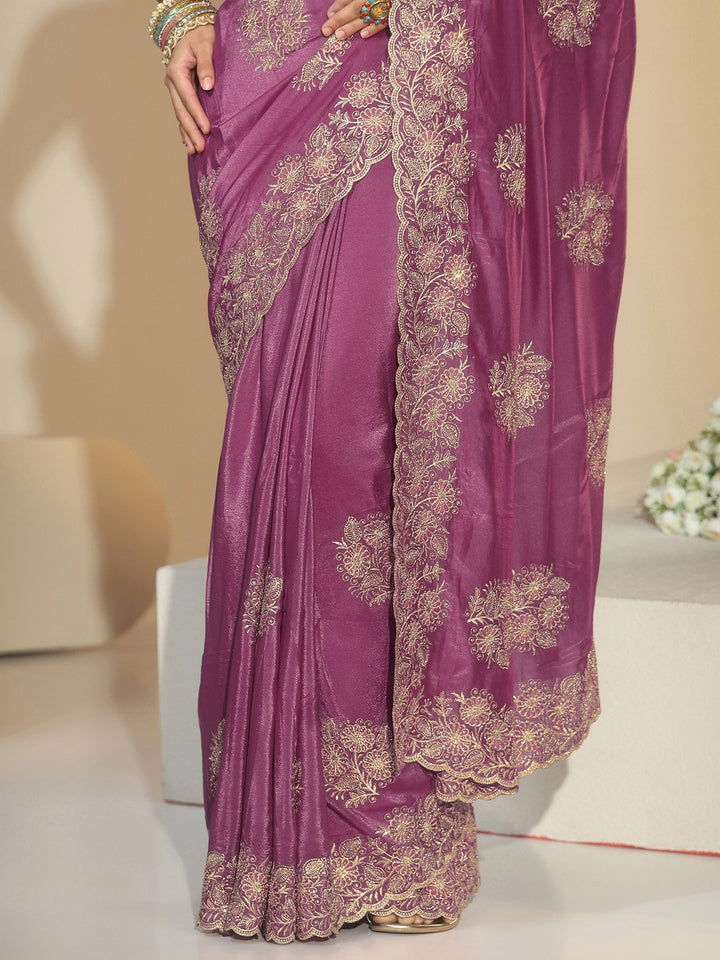 Libas Dusty Rose Pink Floral Embroidered Satin Saree