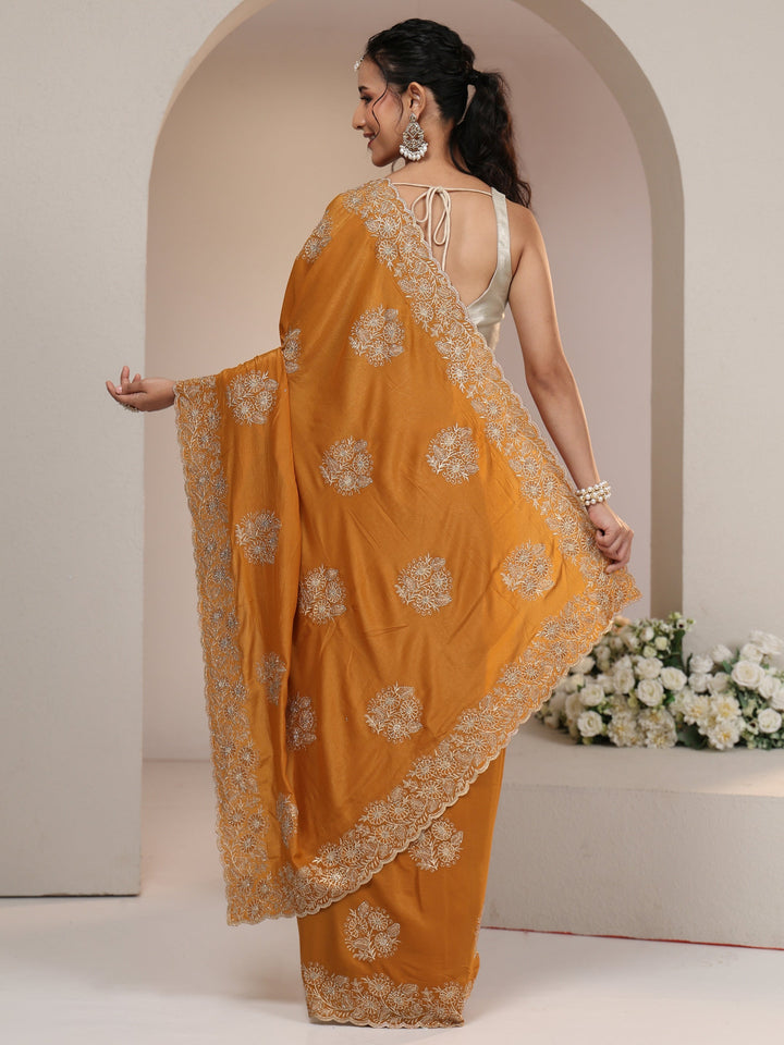 Libas Burnt Orange Satin Saree with Embroidered Floral Motifs