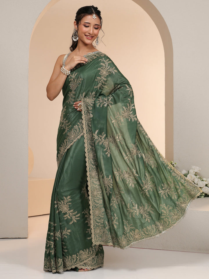 Libas Moss Green Floral Embroidered Satin Saree