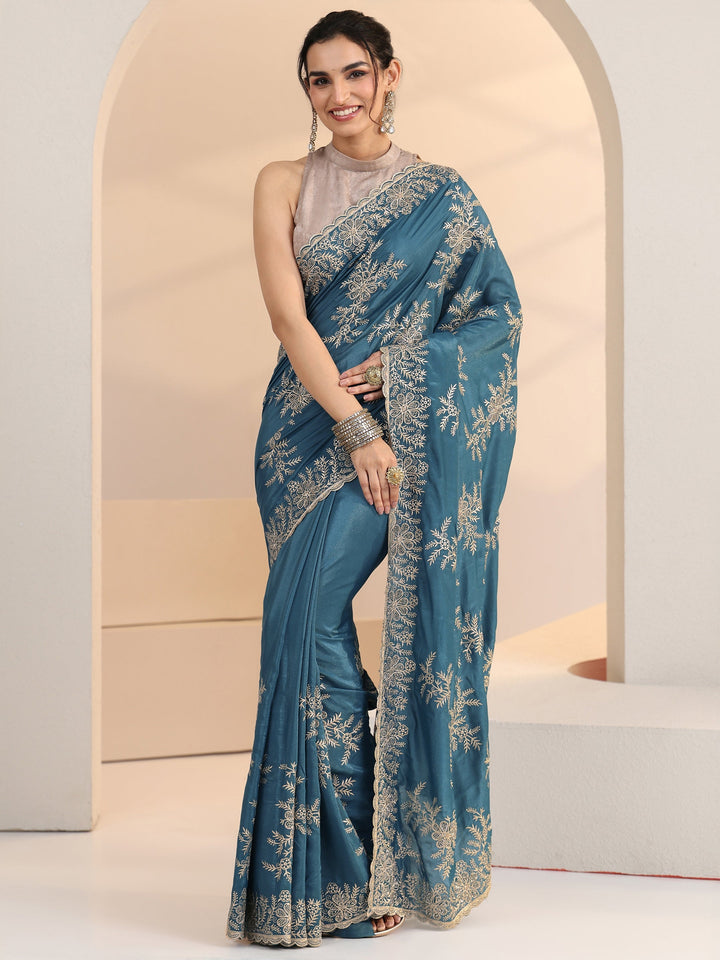 Libas Cerulean Blue Floral Embroidered Satin Saree