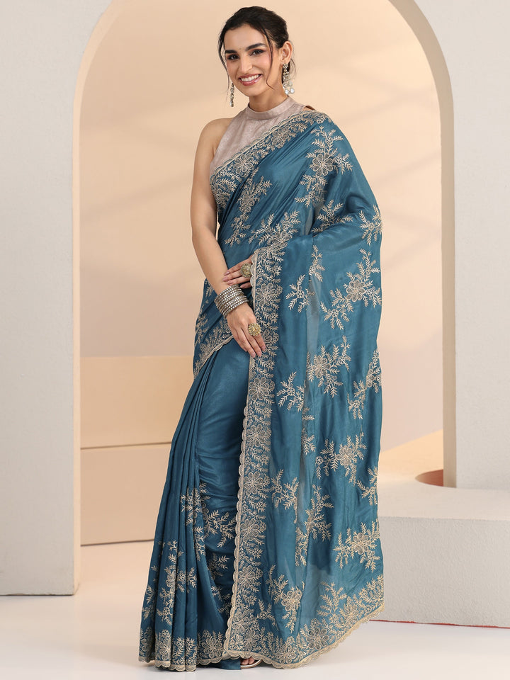 Libas Cerulean Blue Floral Embroidered Satin Saree