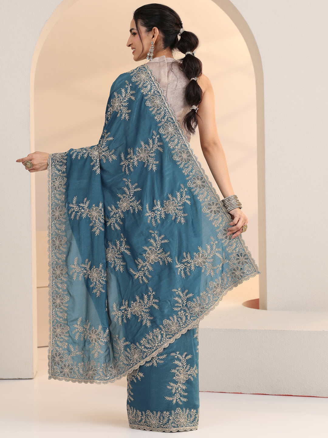 Libas Cerulean Blue Floral Embroidered Satin Saree