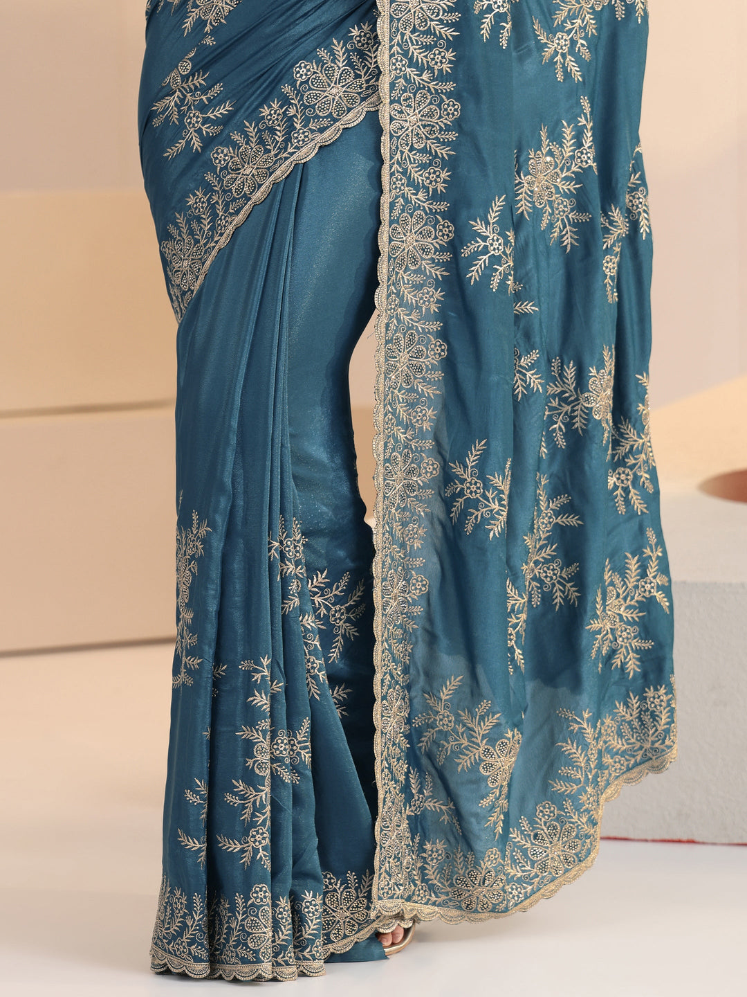 Libas Cerulean Blue Floral Embroidered Satin Saree