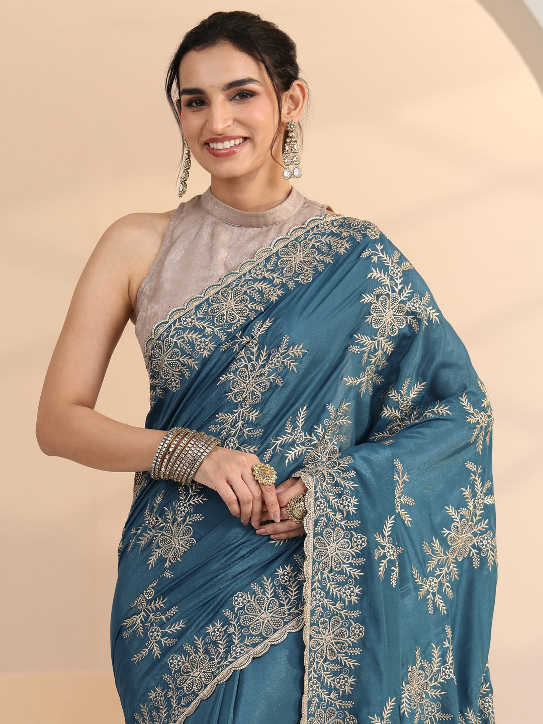 Libas Cerulean Blue Floral Embroidered Satin Saree