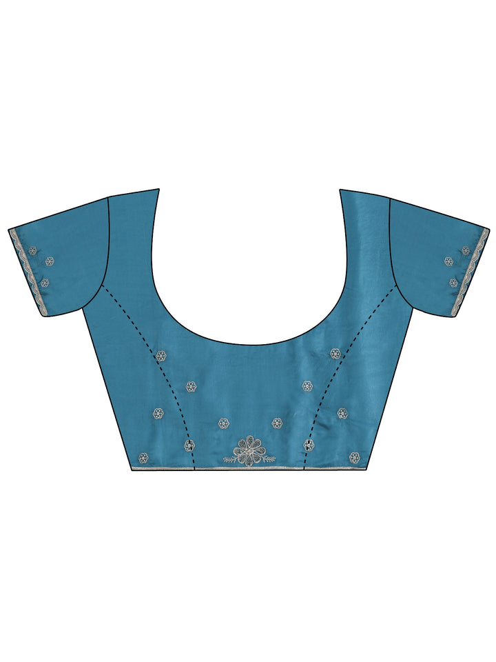 Libas Cerulean Blue Floral Embroidered Satin Saree