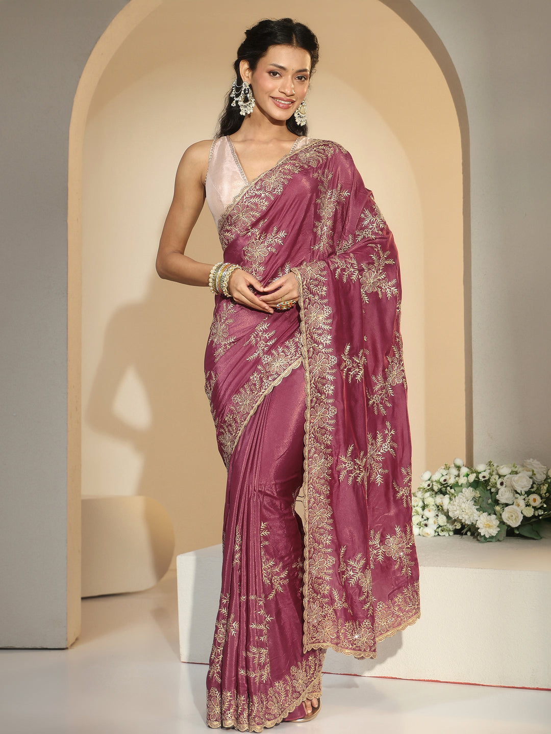 Libas Mauve Floral Embroidered Satin Saree