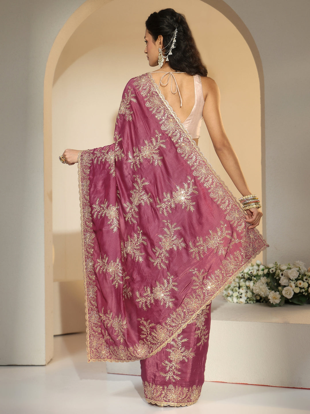 Libas Mauve Floral Embroidered Satin Saree