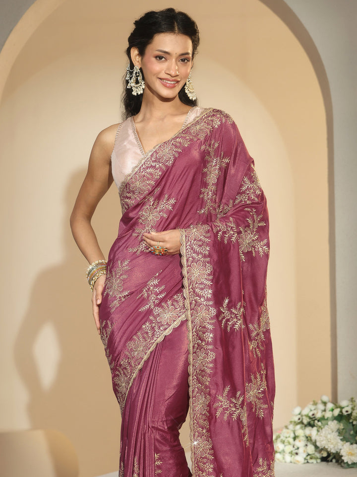 Libas Mauve Floral Embroidered Satin Saree