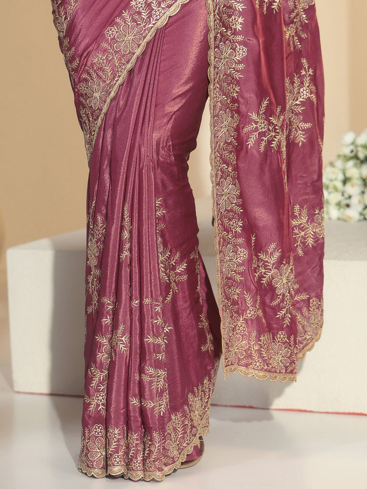 Libas Mauve Floral Embroidered Satin Saree