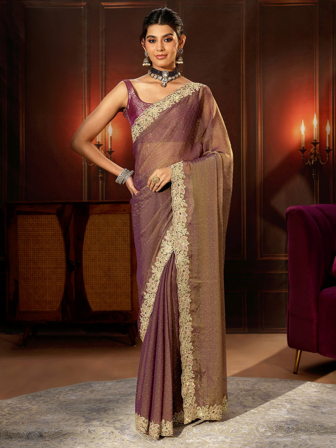 Libas Lavender Embellished Tissue Saree with Floral Border
