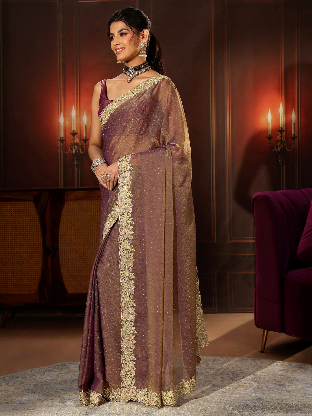 Libas Lavender Embellished Tissue Saree with Floral Border