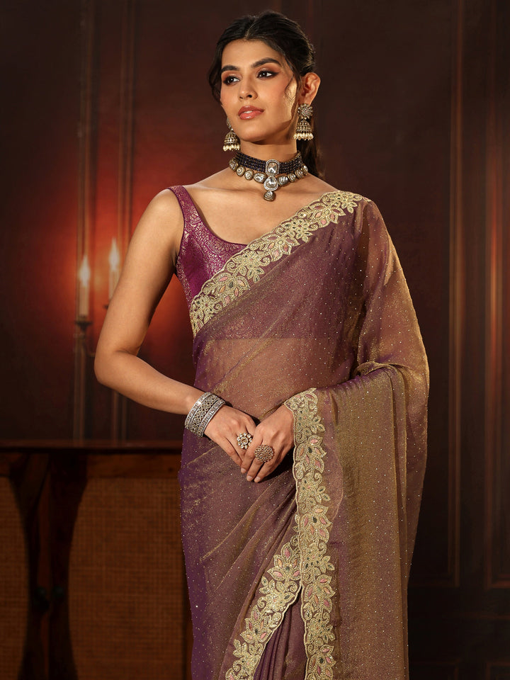 Libas Lavender Embellished Tissue Saree with Floral Border