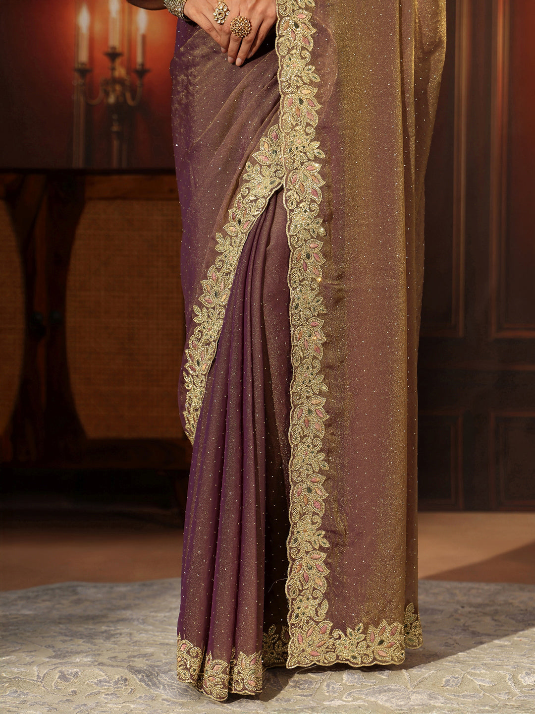 Libas Lavender Embellished Tissue Saree with Floral Border