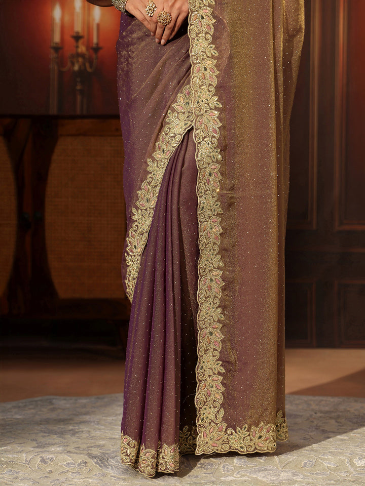 Libas Lavender Embellished Tissue Saree with Floral Border