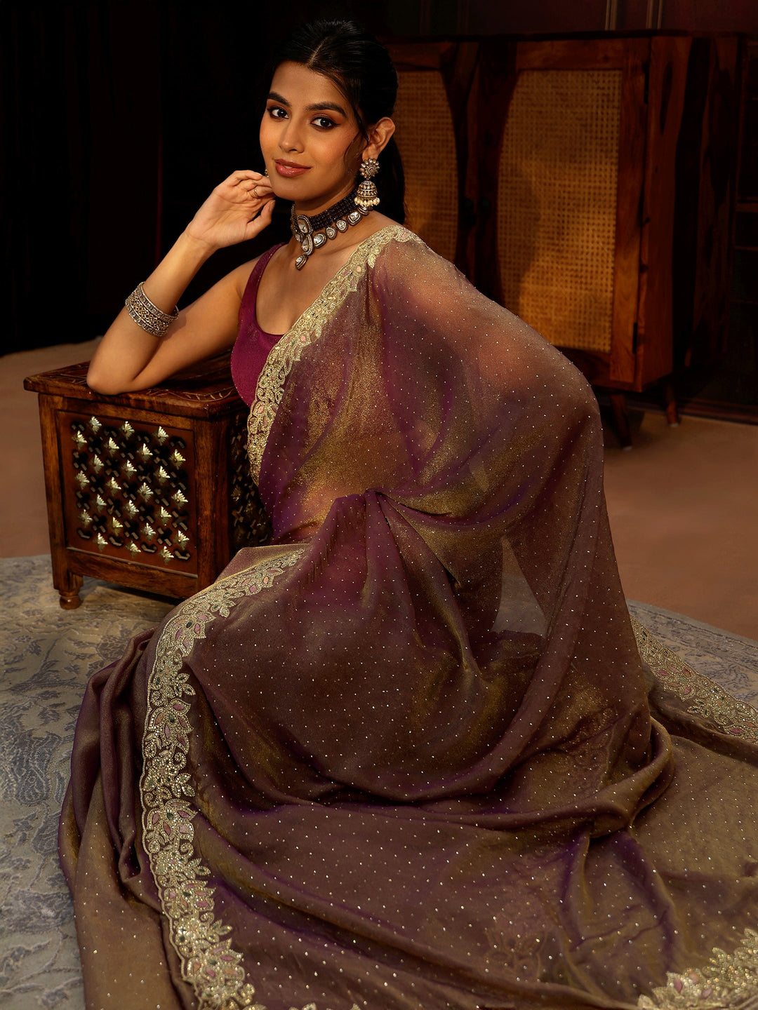 Libas Lavender Embellished Tissue Saree with Floral Border