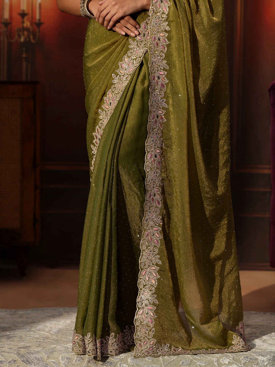 Libas Olive Green Embellished Tissue Saree with Floral Border