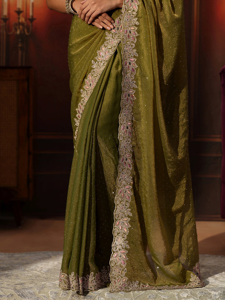 Libas Olive Green Embellished Tissue Saree with Floral Border