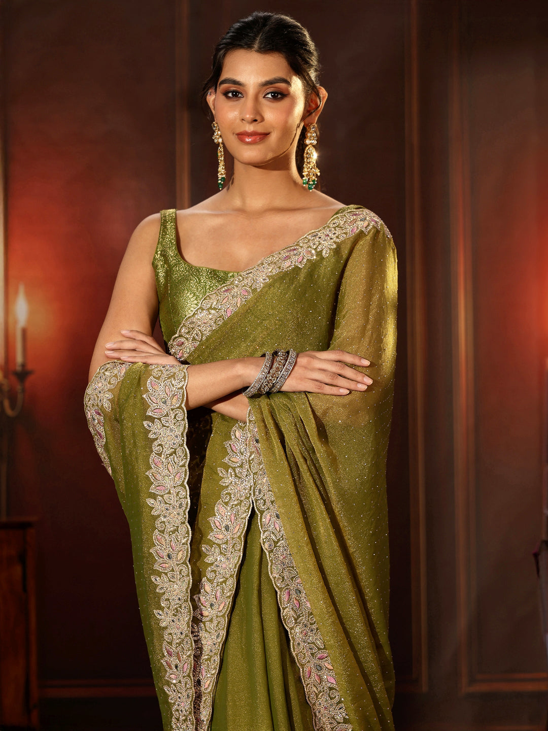 Libas Olive Green Embellished Tissue Saree with Floral Border