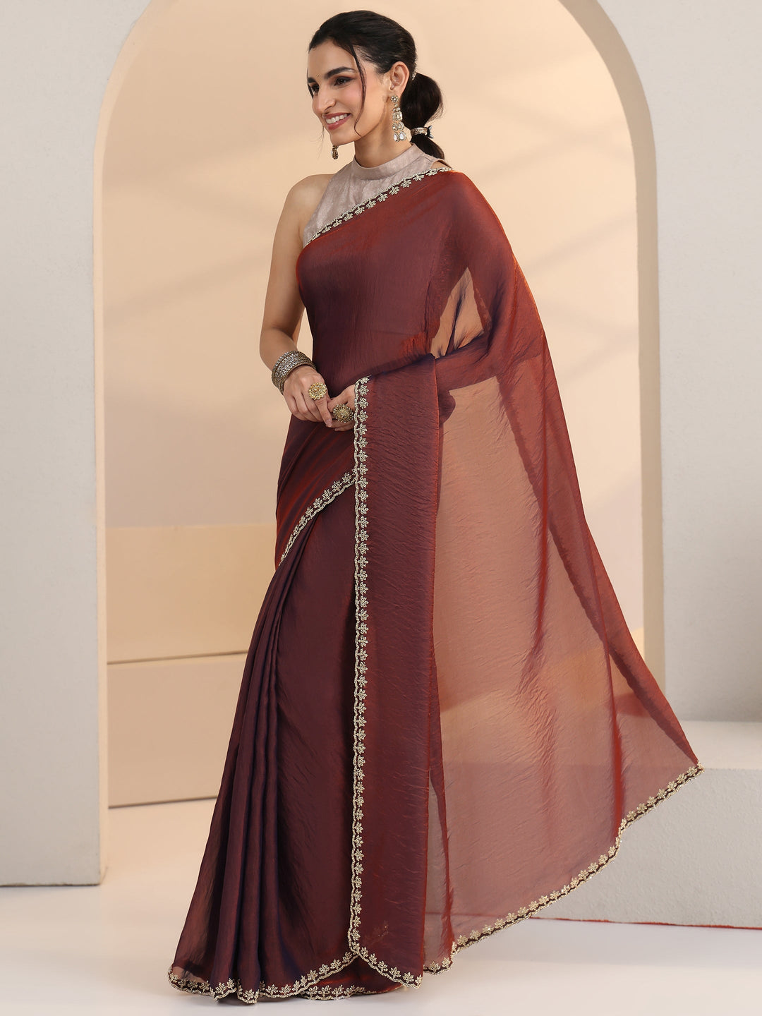 Libas Brown Tissue Saree with Stone Work Border