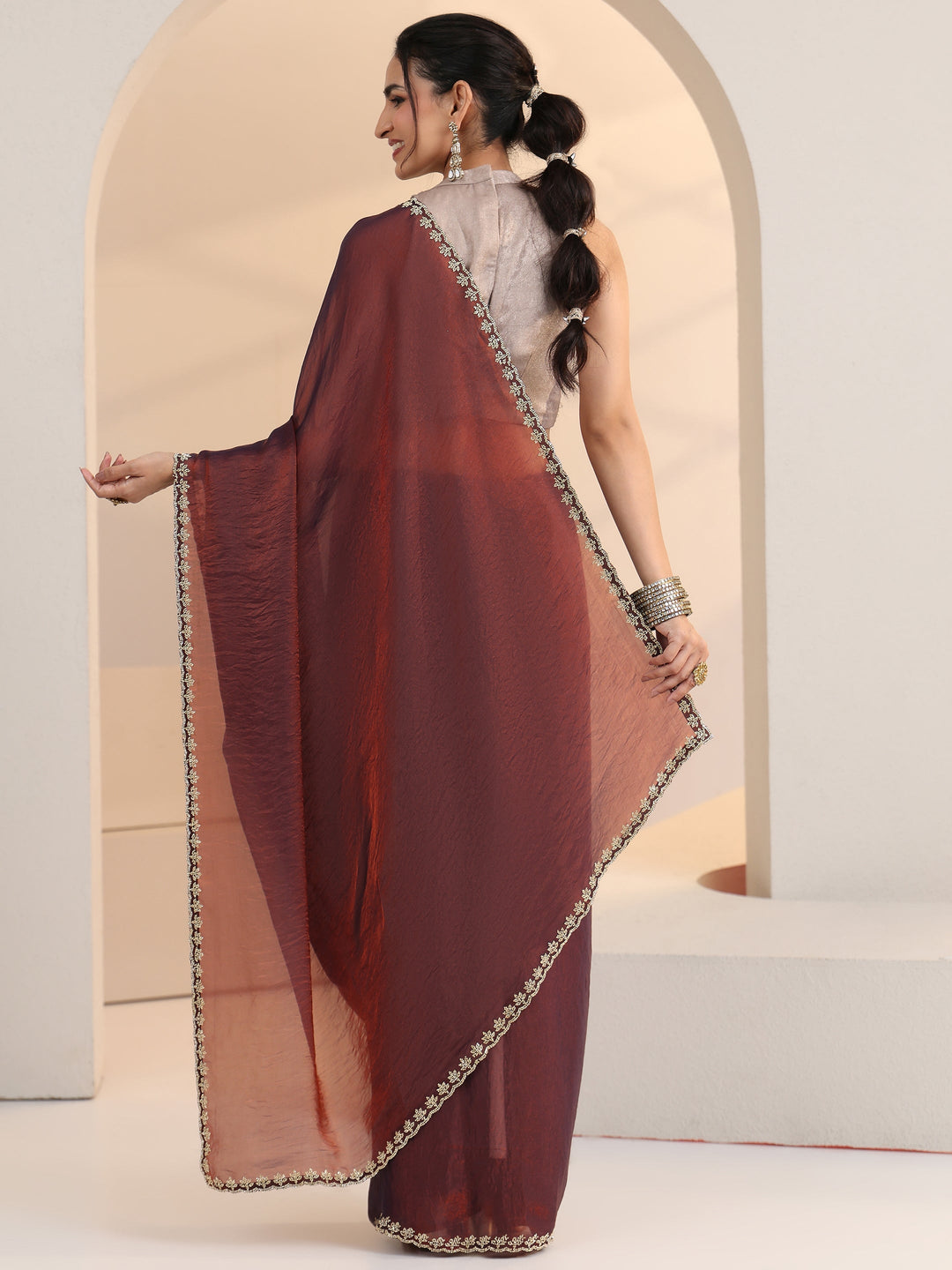Libas Brown Tissue Saree with Stone Work Border