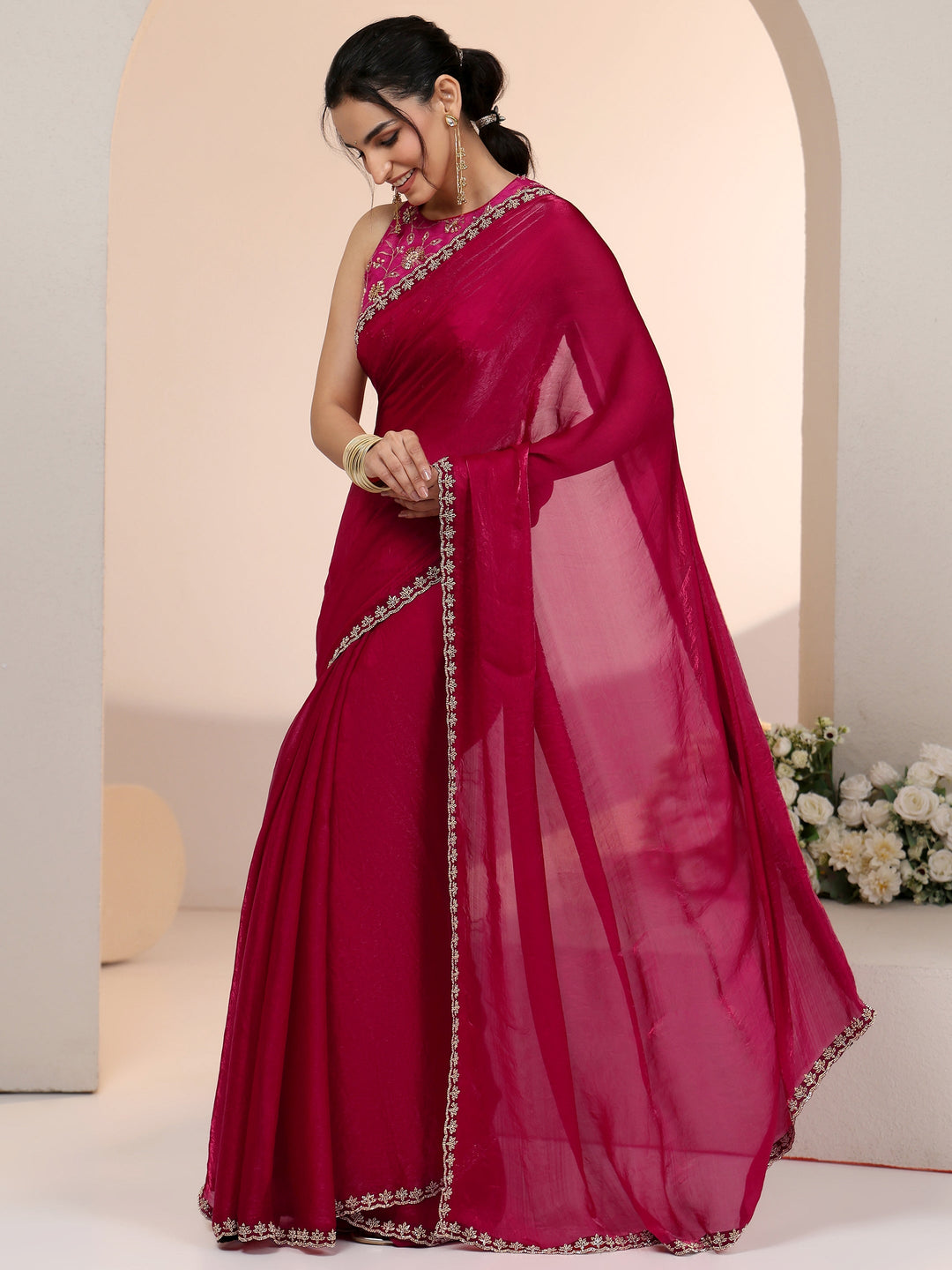 Libas Rose Pink Tissue Saree with Stone Work Border