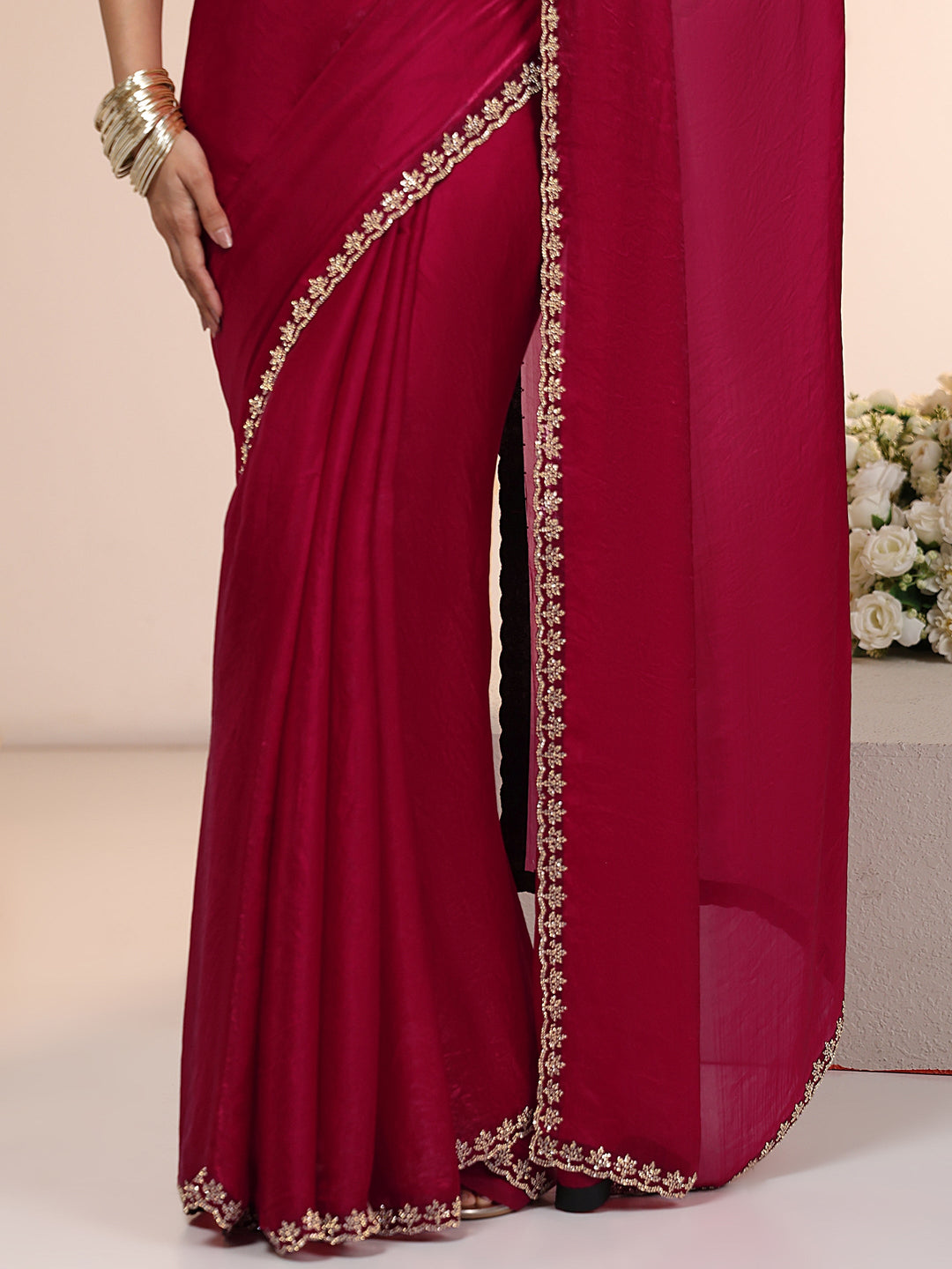 Libas Rose Pink Tissue Saree with Stone Work Border