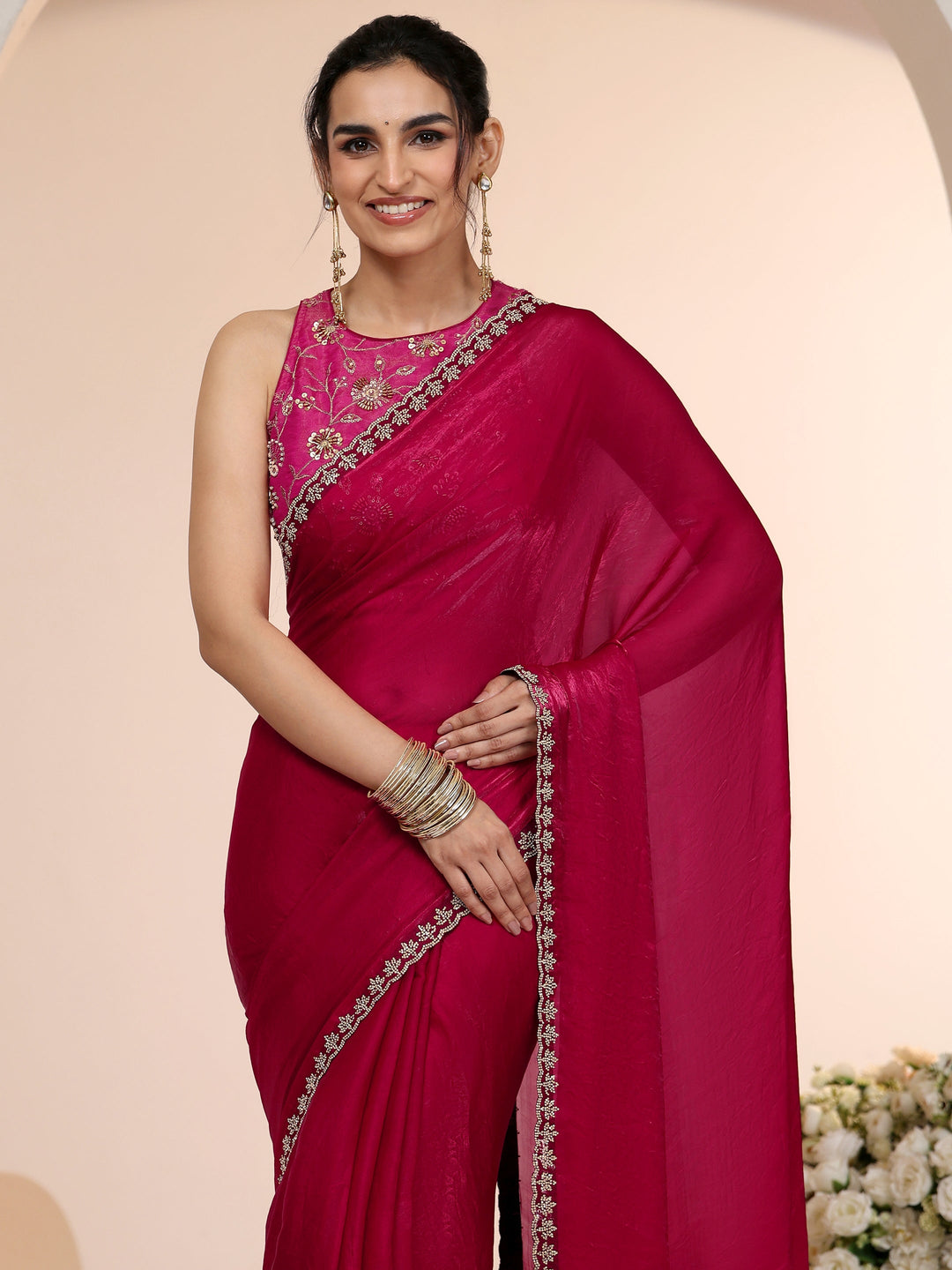 Libas Rose Pink Tissue Saree with Stone Work Border