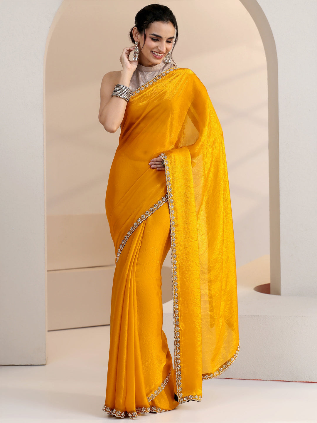 Libas Mustard Yellow Tissue Saree with Stone Work Border