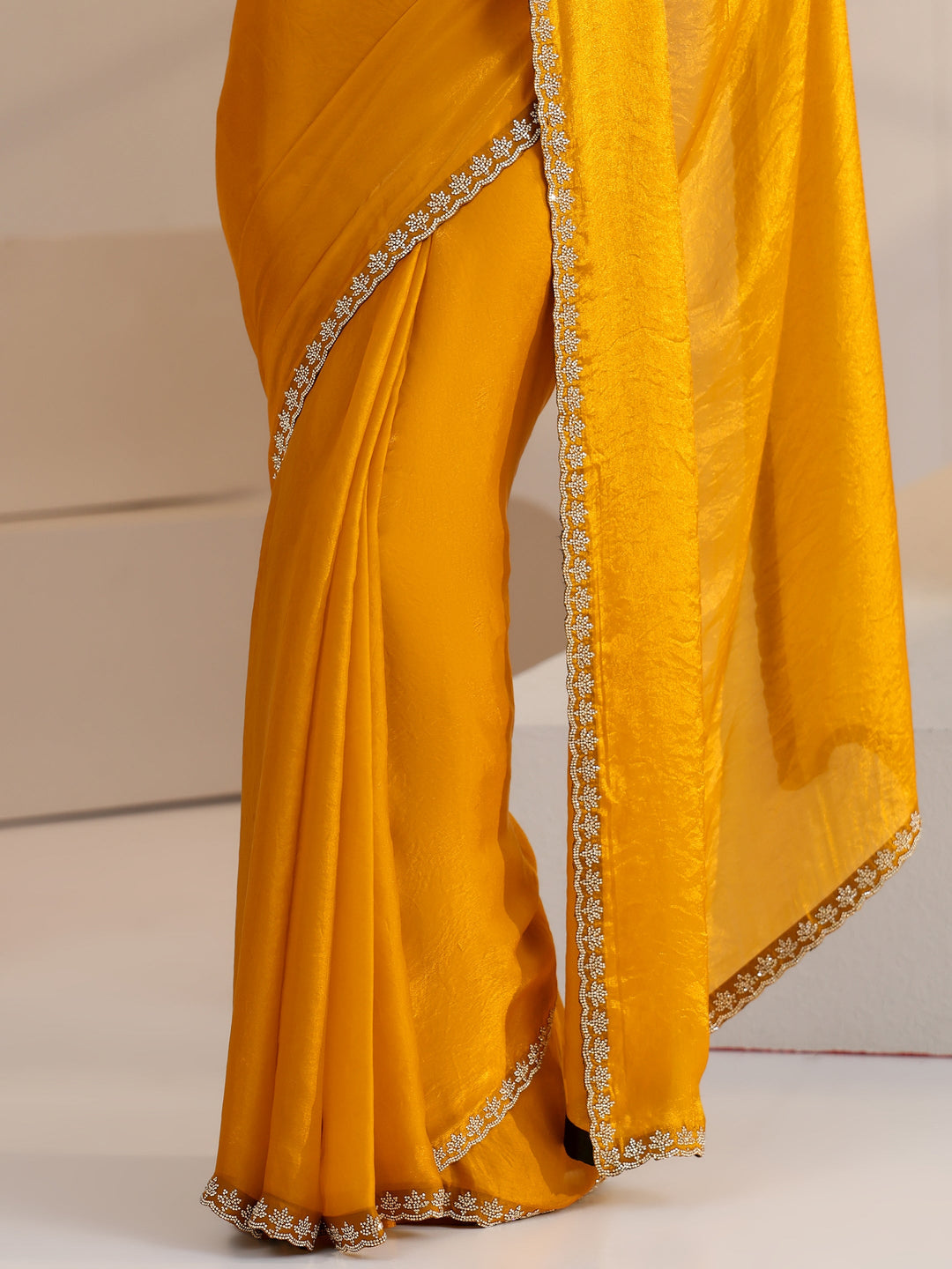 Libas Mustard Yellow Tissue Saree with Stone Work Border