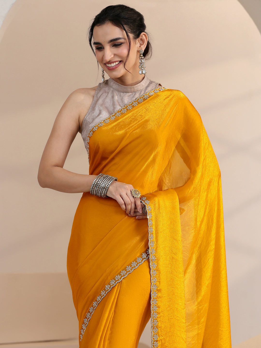 Libas Mustard Yellow Tissue Saree with Stone Work Border
