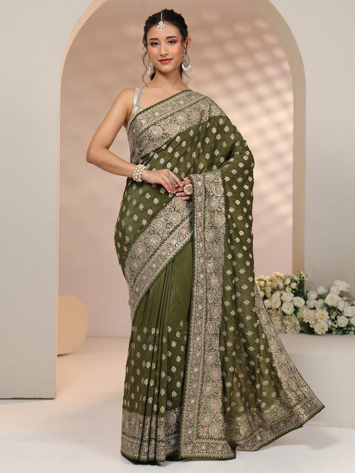 Libas Leaf Green Embellished Satin Saree with Ethnic Motifs