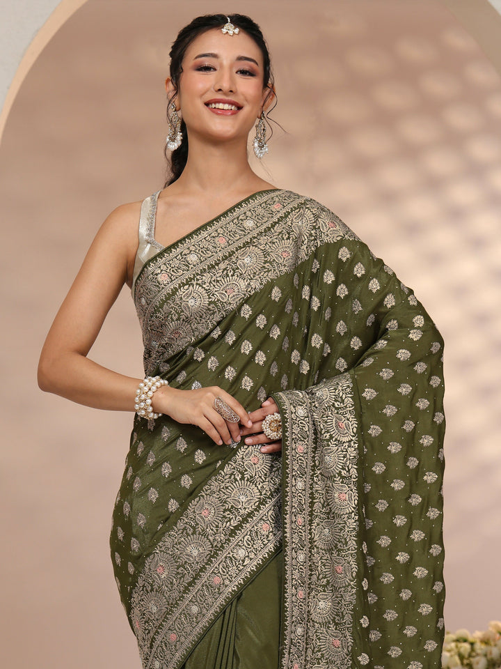 Libas Leaf Green Embellished Satin Saree with Ethnic Motifs