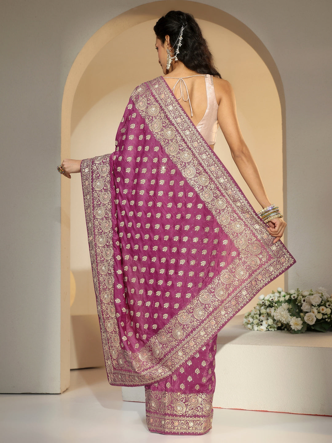 Libas Dusty Rose Pink Embroidered Satin Saree