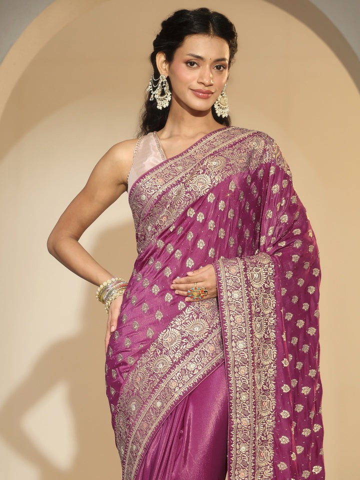 Libas Dusty Rose Pink Embroidered Satin Saree