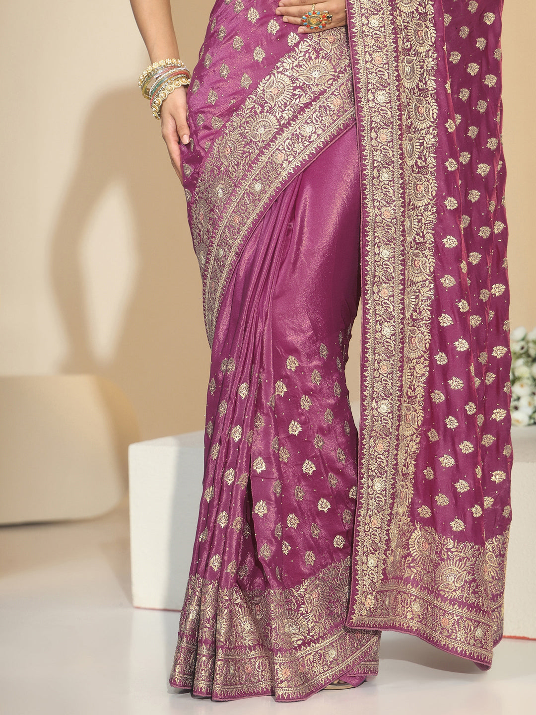 Libas Dusty Rose Pink Embroidered Satin Saree