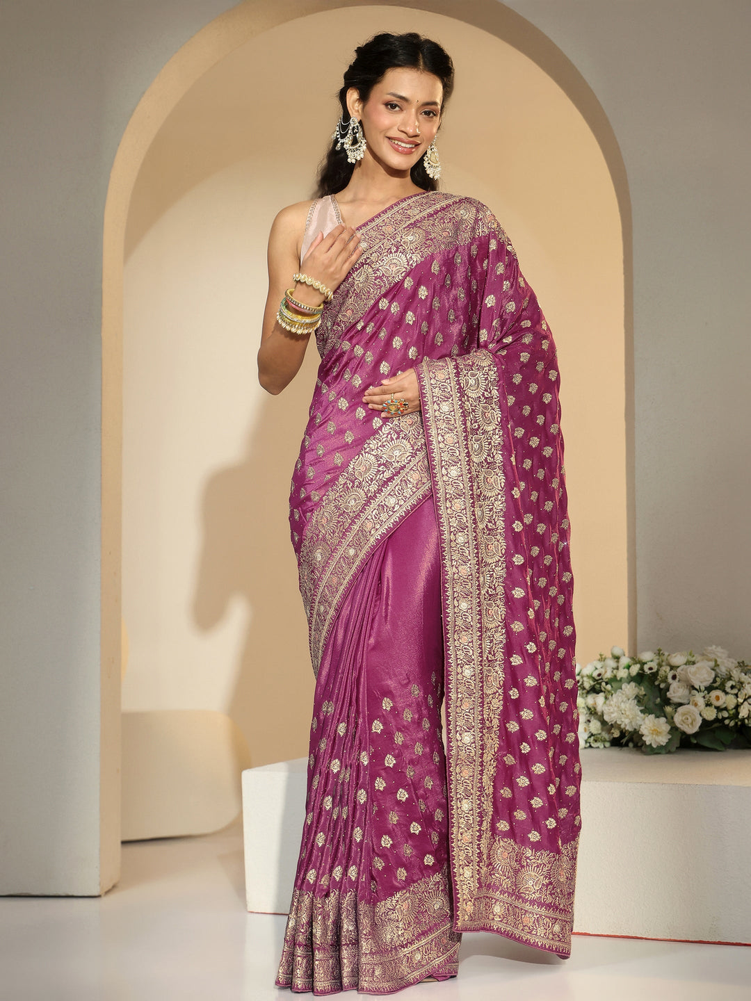 Libas Dusty Rose Pink Embroidered Satin Saree