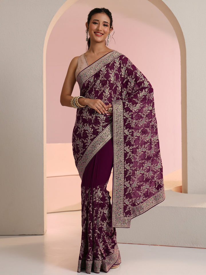 Libas Wine Red Floral  Embroidered Georgette Saree